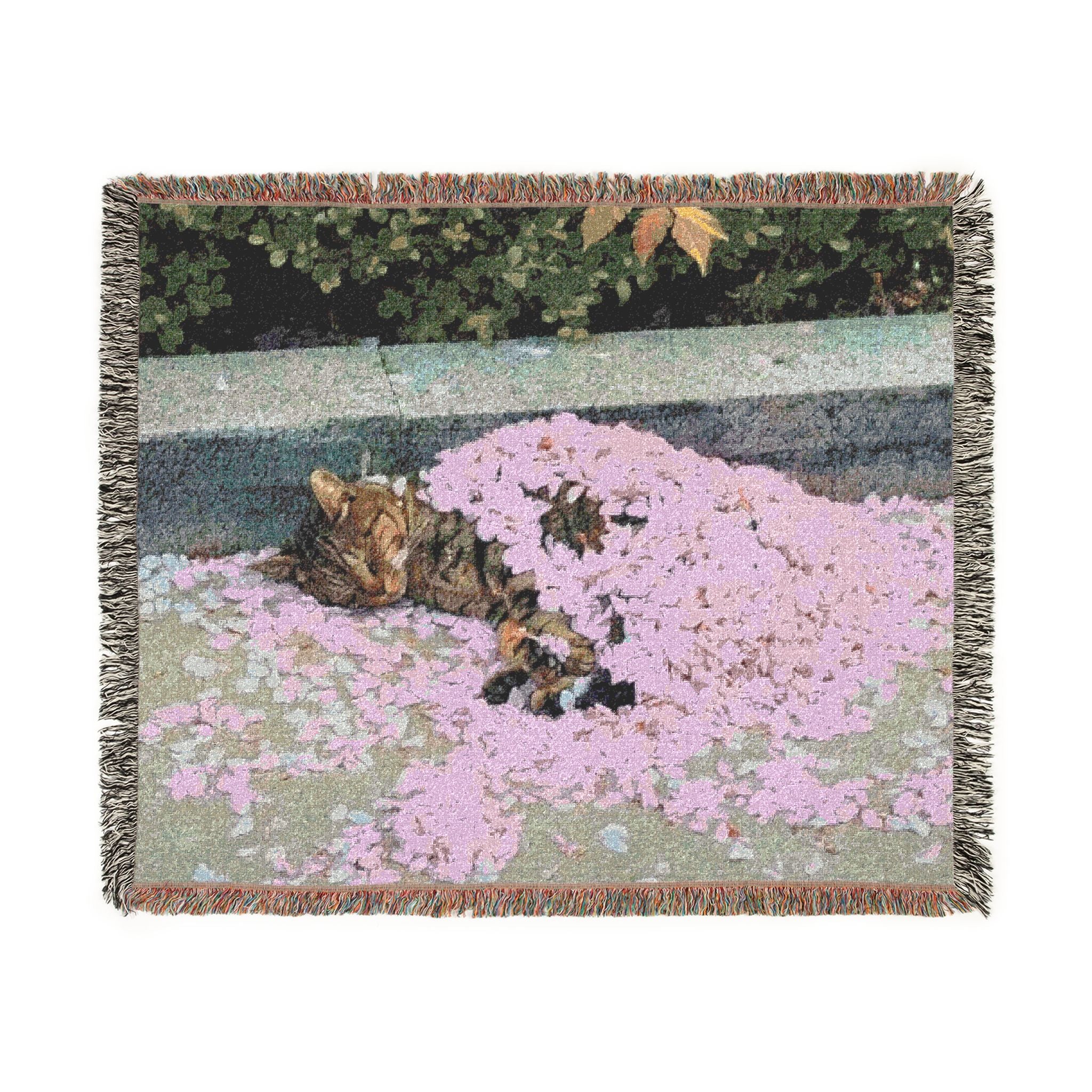 Floral Cat Woven Blanket — Pink Pet Portrait Throw