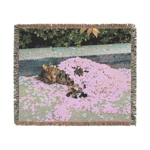 Floral Cat Woven Blanket — Pink Pet Portrait Throw