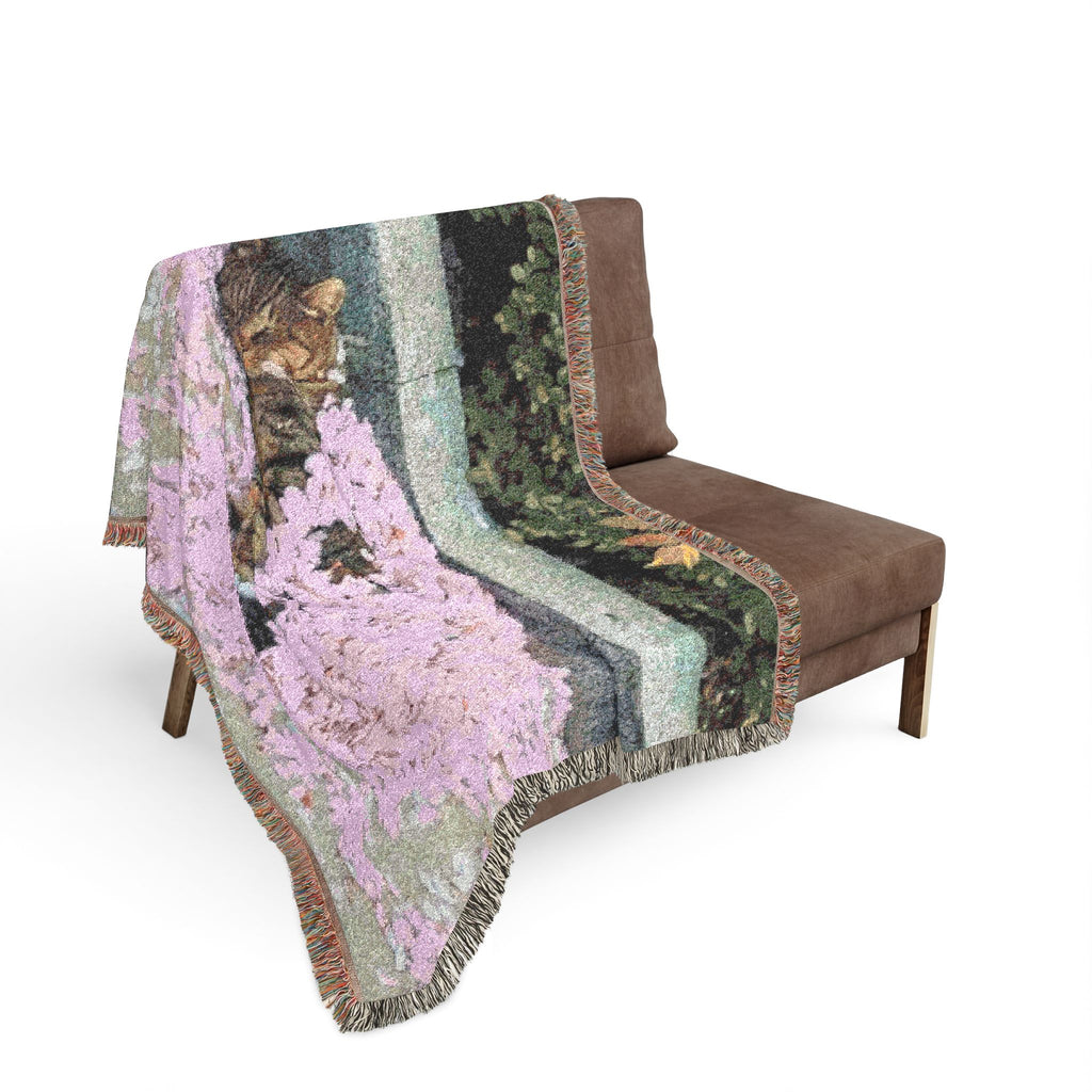 Floral Cat Woven Blanket — Pink Pet Portrait Throw
