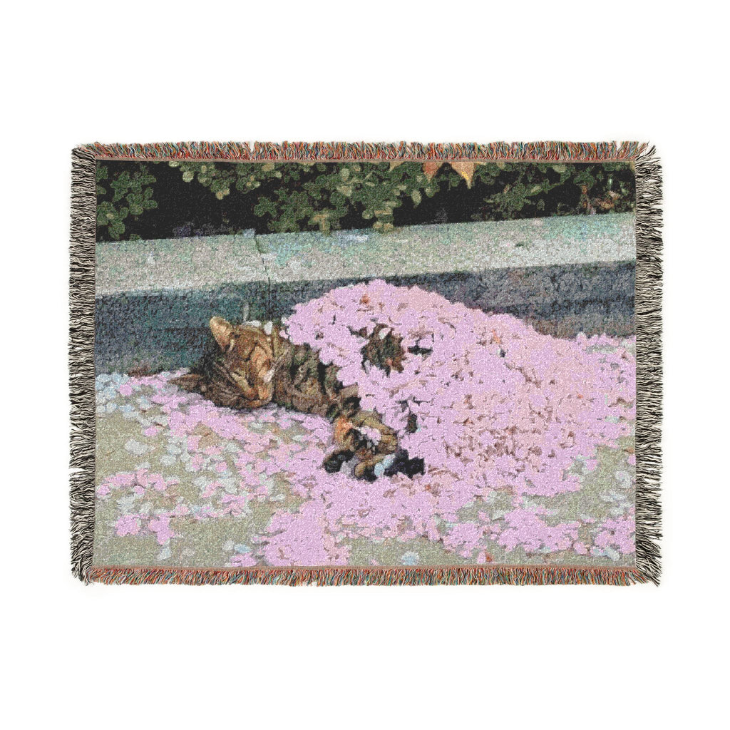 Floral Cat Woven Blanket — Pink Pet Portrait Throw