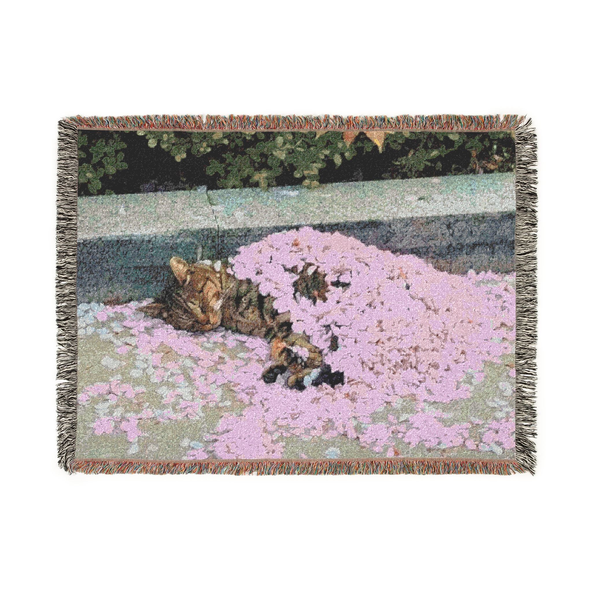 Floral Cat Woven Blanket — Pink Pet Portrait Throw