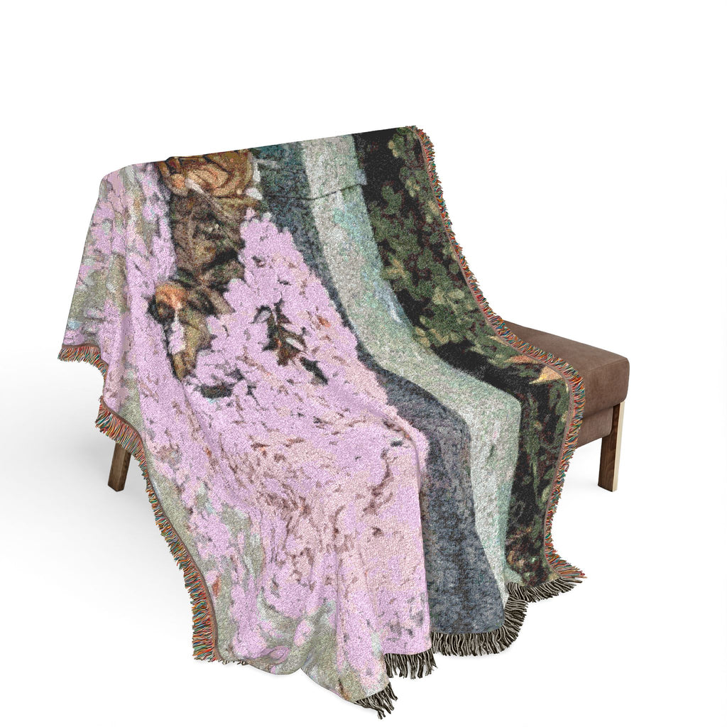 Floral Cat Woven Blanket — Pink Pet Portrait Throw