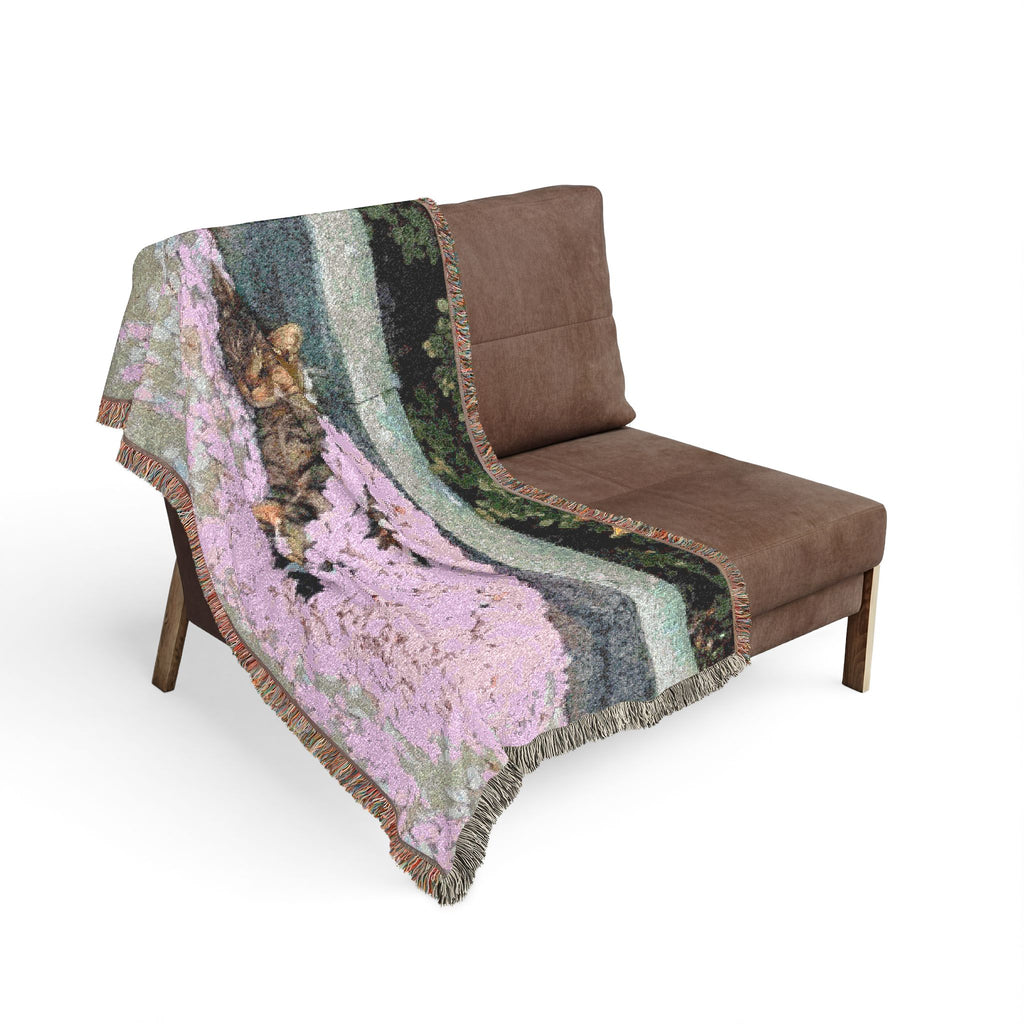 Floral Cat Woven Blanket — Pink Pet Portrait Throw