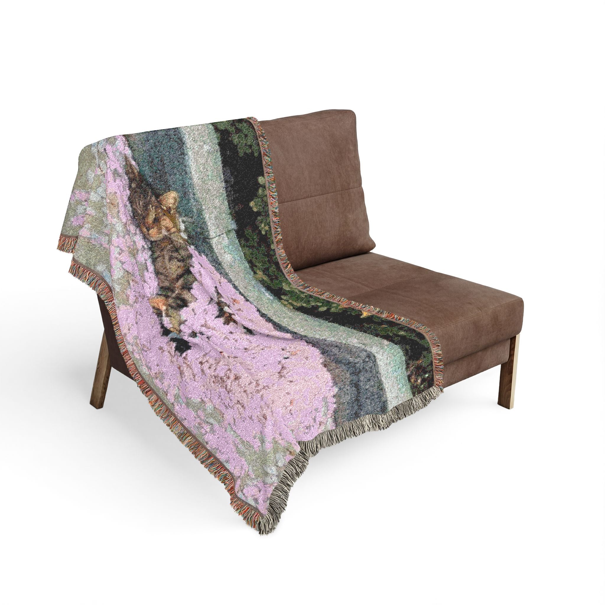 Floral Cat Woven Blanket — Pink Pet Portrait Throw